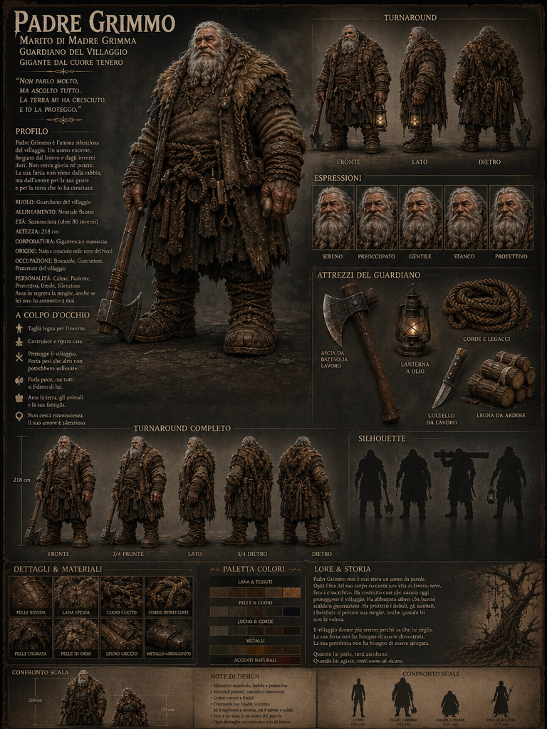 Character sheet completa di Padre Grimmo con turnaround, espressioni, oggetti e materiali