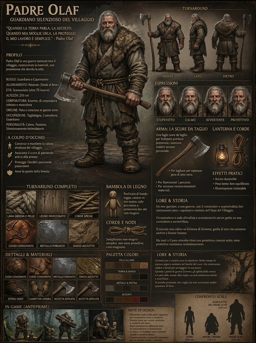 Character sheet completa di Padre Olaf con turnaround, espressioni, materiali e scala