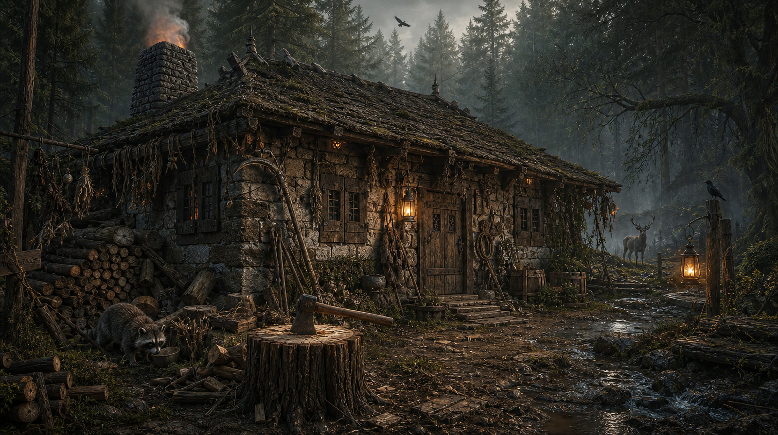 Environment design di una casa nel bosco con dettagli visivi coerenti